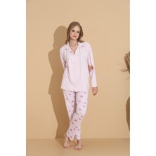 Meri Kadın Pembe Gömlek Yaka Düğmeli Milan Kumaş Uzun Kol Pijama Takımı