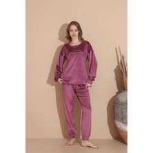 Kadın Pembe Kadife Uzun Kollu Yazılı Düz Renk Pijama Takımı Merimu K-200-47