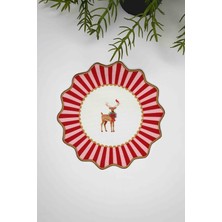 Decofav Oval Dekoratif Kırmızı Nakış Kenarlı Geyik Desenli Kokteyl Peçetesi 1 Adet
