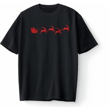 Bumeta Yılbaşı Santa Claus Geyik Silüet Noel Baba Baskılı Oversize Unisex Tişört T-Shirt