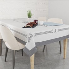 Nakış Efektli Gri Lale Desenli Baskılı Masa Örtüsü