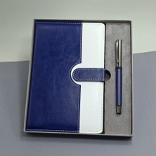 Mavi Beyaz Deri Kapaklı Defter ve Metal Kalem Set