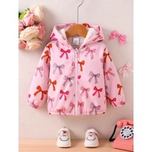 RosabelleMare Pembe Fiyonk Desenli, Kapüşonlu, Fermuarlı ve Peluş Astarlı Kız Çocuk Montu, Günlük Sıcak Model.