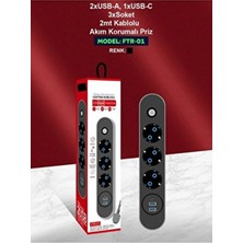  blic ftr 2500w termal akım korumalı 3’lü priz – 2 usb, 1 type-c, 2 metre kablo, sigortalı