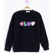 Cansın Mini Siyah Kalp Nakışlı Bisiklet Yaka Kız Çocuk Şardonlu Sweatshirt 23250