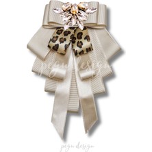 Pegu Shine Seri Ekru Grogren Leopar Kurdele Taşlı Yaka Çiçeği Broş Okul,iş,şal,gömlek