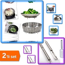 Hereveoyuncak Buharda Pişirme Katlanabilir Haşlama Sepeti + 2 Parça Çelik Inox Soyacak ve Rende - 2li Set G2X0J3