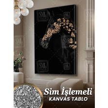 SML Tablo Sim Işlemeli Altın Işlemeli Siyah At Kafası Asalet Gold Dekor Simli Dikey Kanvas Tablo