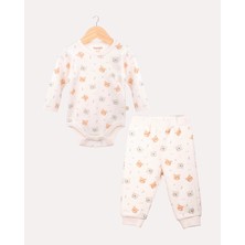 Hoogie 2'li Teddy Desenli %100 Organik Pamuk Alt Üst Takım - Ekru