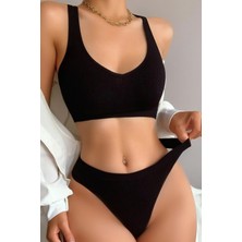 Kadın Siyah Seamless Desteksiz Tangalı İç Çamaşır Takımı %55 Polyester - %45 Viskon Agraf Kap