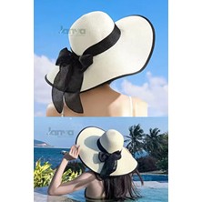 Janva Hasır Örgü Güneş Koruyucu Siperli Şapka Krem Renkli Dalgalı Desenli Plaj Aksesuarı