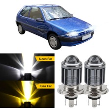 Caralp Citroen Saxo 1996-2005 Uyumlu Mercekli Far Ampulü LED Xenon Çift Renk Sarı-Beyaz Far Şimşek Etkili Csp LED Lamba Uzun Kısa 2 Adet Takım
