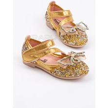 Papuccum Kız Çocuk İçin Altın Taşlı Fiyonklu Babet Düz Tabanlı Tekstil Malzeme ile Şık Tasarım