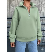 3 Iplik Şardonlu Yarım Fermuarlı Sweatshirt Mint