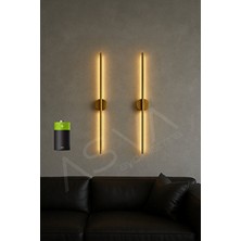 Asva Aydınlatma 2 Li 70 cm Ortadan Taslı Pilli Aplik Günışığı LED Gold Kasa Pil Dahil, Dekoratif Duvar Lambası