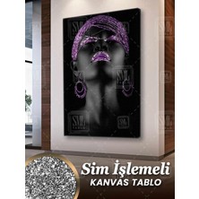 SML Tablo Simli Afrikalı Pırıltılı Mor Küpeli Kadın Mor Takı Sim Işlemeli Dikey Kanvas Tablo