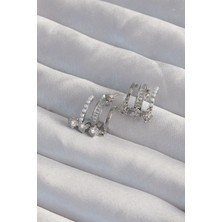 Al-Kar Ticaret Pirinç Gümüş Renk Incili Çoklu Zirkon Taşlı Yarım Halka Küpe