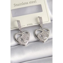 Al-Kar Ticaret Pirinç Gümüş Renk Kalp Model Zirkon Taşlı Ay Yıldız Işlemeli Kadın Küpe