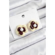 Al-Kar Ticaret Inci Detaylı Krem Kahverengi Renk Papatya Model Kadın Küpe