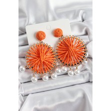 Al-Kar Ticaret Turuncu Hasır Örgü Sarmal Model Sallantılı Inci Detaylı Gold Renk Kadın Küpe