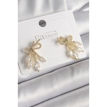 Al-Kar Ticaret Pirinç Gold Renk Zirkon Taşlı Düğüm Model Damla Zirkon Taşlı Kadın Küpe