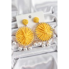 Al-Kar Ticaret Sarı Hasır Örgü Sarmal Model Sallantılı Inci Detaylı Gold Renk Kadın Küpe