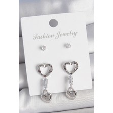 Al-Kar Ticaret Pirinç Gümüş Renk Zirkon Taş Detaylı Sallantı Model 2 Çift Kadın Küpe Seti