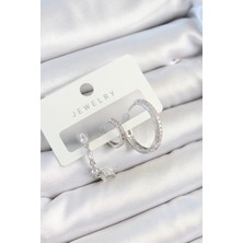 Al-Kar Ticaret Pirinç Zirkon Taşlı Sallantılı Model Gümüş Renk 3'lü Çift Kadın Küpe Set