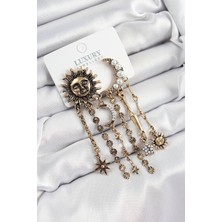 Al-Kar Ticaret Pirinç Zirkon Taşlı Güneş ve Ay Figürlü Eskitme Model Sallantılı Küpe