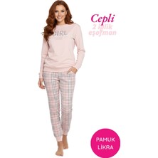 Bie's Kadın Pudra Ekose Desen Düğmesiz Bilek Manşetli 2 İplik Pamuklu Cepli Kışlık Jogger Eşofman Pijama Takımı