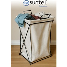 Suntel Katlanabilir Kumaş Çamaşır Sepeti – Siyah Metal Gövdeli, Krem Renk Torbalı