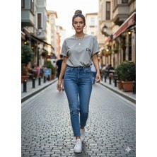 Kurukafa Baskılı Gri Yıkamalı Oversize Tişört