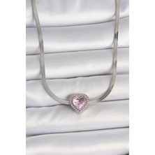 Al-Kar Ticaret 316L Çelik Gümüş Renk Italyan Zincir Pembe Zirkon Taşlı Kalp Model Kadın Kolye