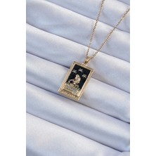 Al-Kar Ticaret 316L Çelik Zincir Altın Renk Zirkon Taşlı Siyah Mineli Kız Figürlü Tarot Kolye