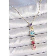 Al-Kar Ticaret Gold Karışık Renk Zirkon Taşlı Y Pirinç Kolye