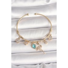 Al-Kar Ticaret Pirinç Gold Renk Zirkon Taşlı Sallantı Filamingo Figür Charm Kadın Bileklik