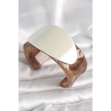 Al-Kar Ticaret Kahverengi Mermer Desen Akrilik Plastik Gümüş Oval Plaka Model Vintage Kadın Bilezik