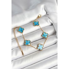 Al-Kar Ticaret 316L Çelik Sedefli Gökyüzü Mavisi Gold Renk Yonca Kadın Bileklik