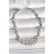 Al-Kar Ticaret Pirinç Gümüş Renk Zirkon Taşlı Kelebek Figür Damla Zincir Model Kadın Bileklik