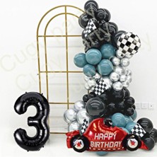 Cugy 3 Yaş Doğum Günü Parti Kutlama Seti Mavi Gümüş Siyah Renklerde Yarış Araba Temalı