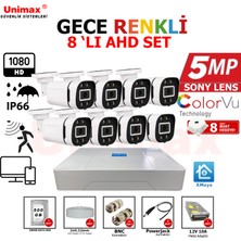 Unimax Gece Renkli 5mp Sony Lens 8 Kameralı Güvenlik Seti | 100M Kablo | 30M Gece Görüş | Xmeye