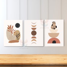 Artarilion 3'lü Set Kanvas Tablo Minimalist Boho Ay Kedi ve Yapraklar Duvar Tablosu Salon Tablosu Kanvas Tablo
