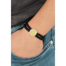 Al-Kar Ticaret Sarı Metal Barış Simgesi Tasarımlı Siyah Renk Mat Oniks Doğal Taş Erkek Bileklik