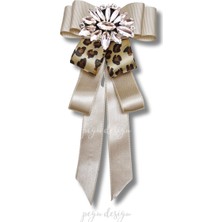 Pegu Shine Seri Ekru Grogren Leopar Kurdele Taşlı Yaka Çiçeği Broş Okul,iş,şal,gömlek