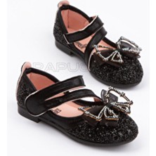 Papuccum Siyah Taşlı Fiyonklu Babet Kız Çocuk İçin Tekstil Malzemeden Düz Tabanlı Şık Ayakkabı