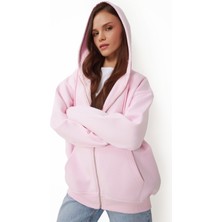 Happiness İstanbul Kapüşonlu Fermuarlı Oversize Şardonlu Örme  Sweatshirt LUB0002 Şeker Pembe