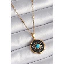 Eco Port 316L Çelik Gold Renk Mavi Boncuk Güneş Işleme Madalyon Model Kadın Kolye