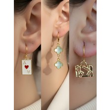 NKT Collection Bavul Turkuaz Yonca Kupa As Sembol Figürlü 3’lü Kadın Küpe Set