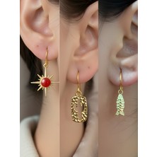 NKT Collection Kaktüs Balık Kırmızı Kutup Yıldızı Sembol Figürlü 3’lü Kadın Küpe Set