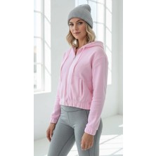 Kazax 3 Iplik Şardonlu Kapşonlu Fermuarlı Kısa Üst Pembe PAT8590